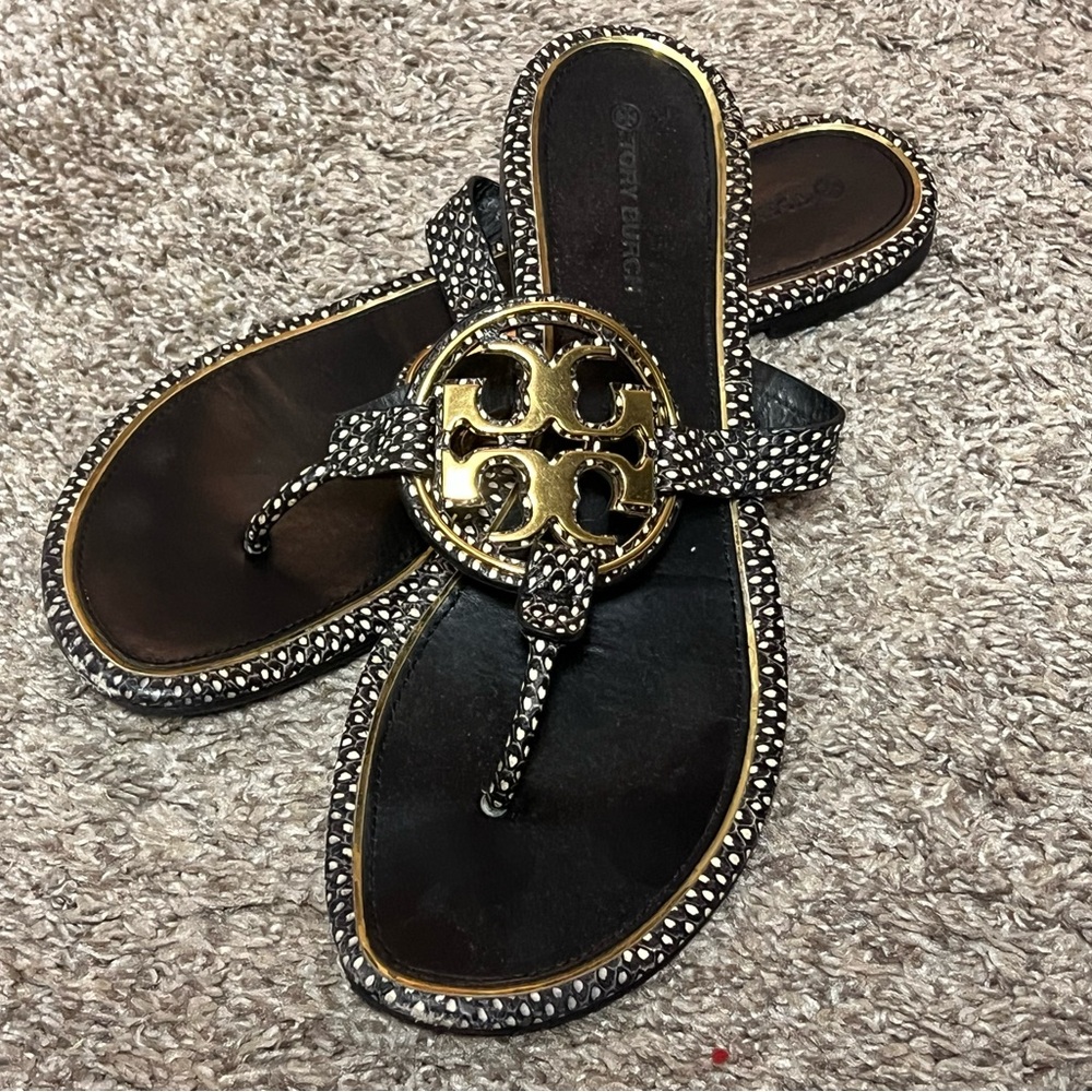 Tory Burch Black and Gold Embellished Sandals